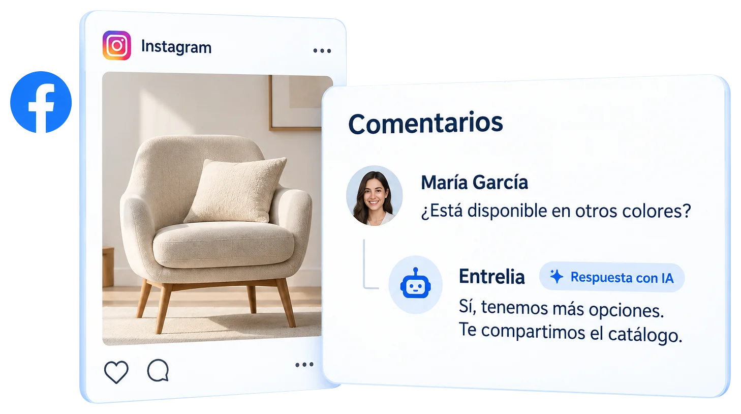 Ilustración de comentarios públicos en una publicación de Instagram: María pregunta por otros colores y Entrelia responde con ayuda de IA.