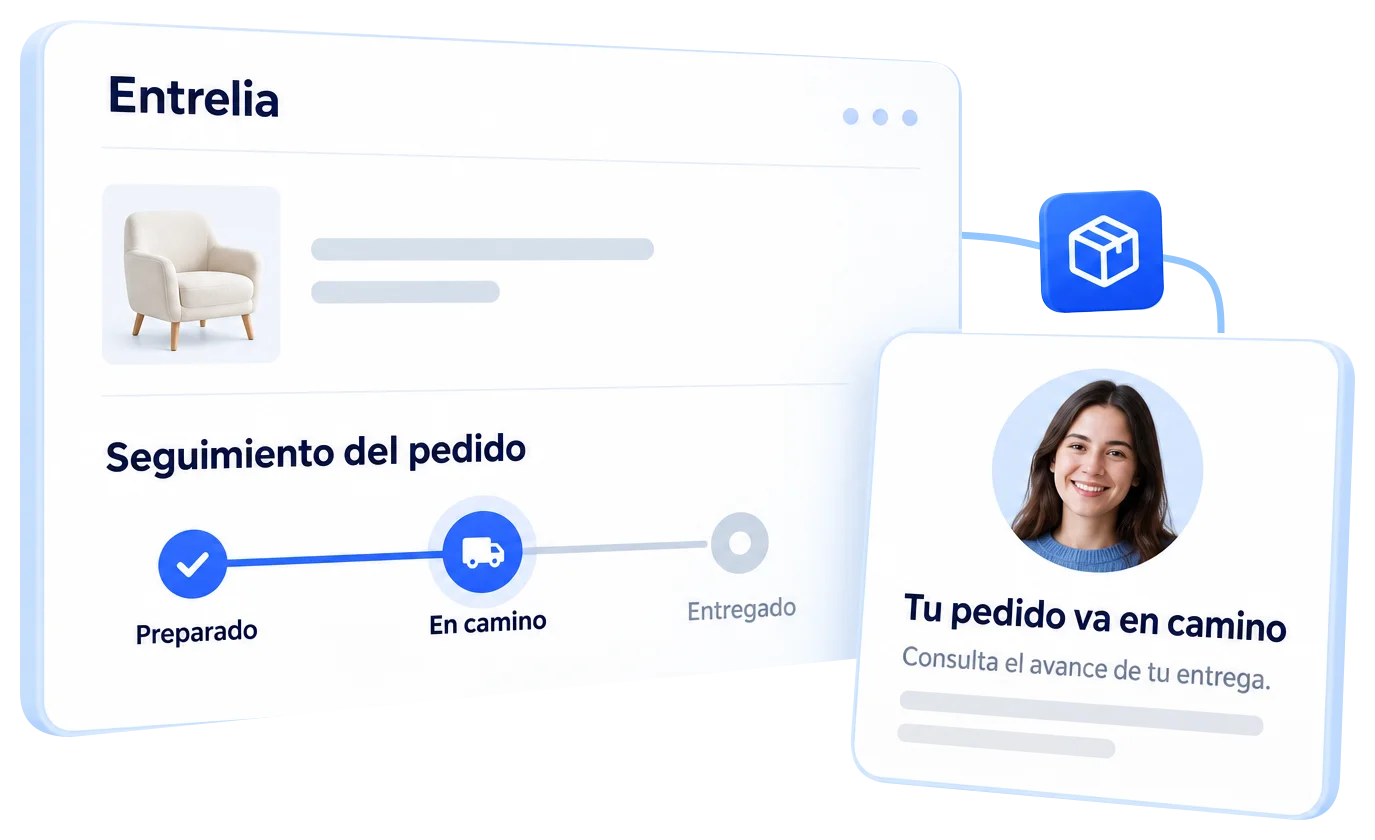 Ilustración del seguimiento de un pedido: etapa en camino activa y una actualización que permite al cliente consultar el avance de la entrega.