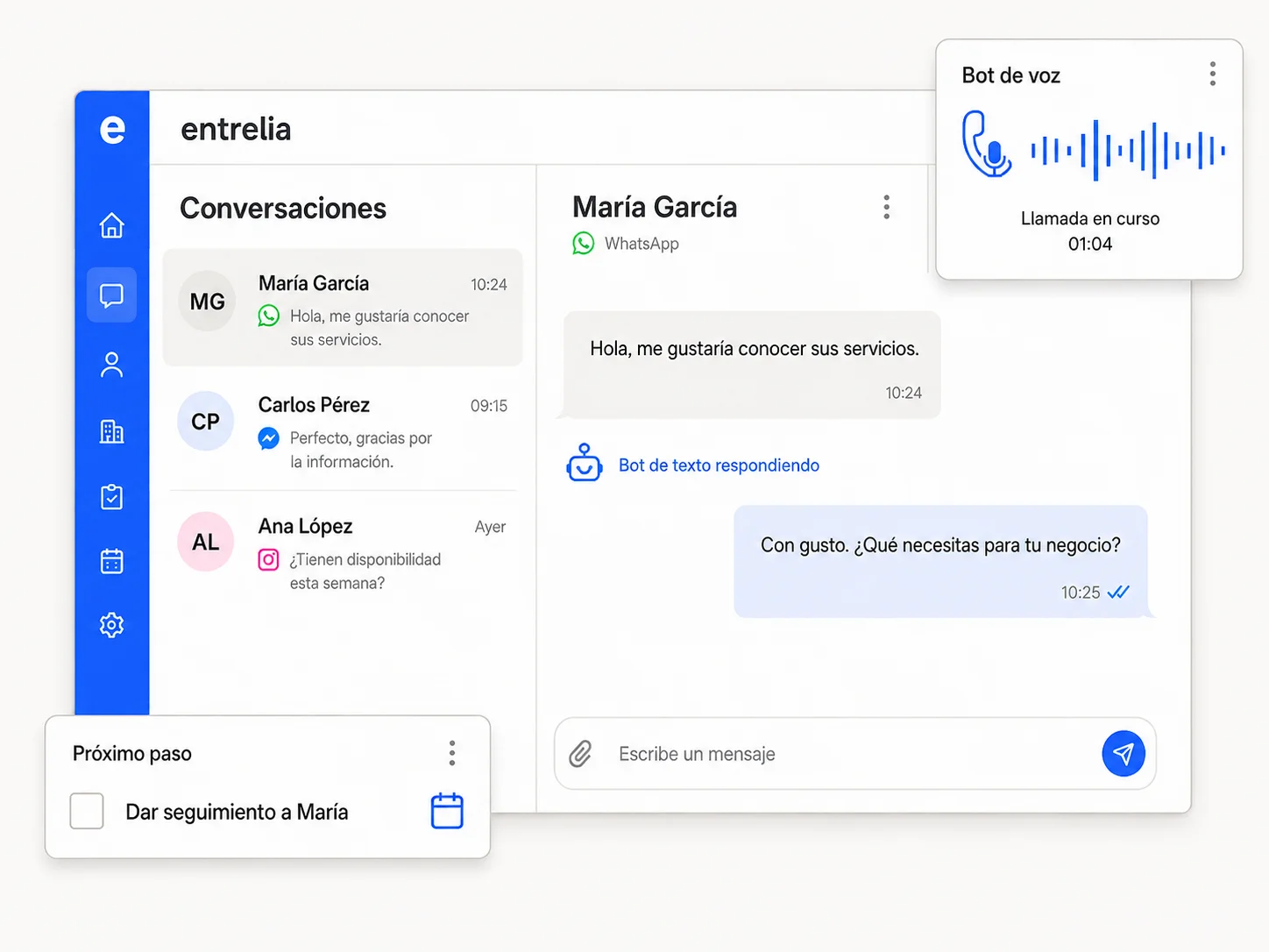 Vista ilustrativa de Entrelia: bot de texto respondiendo un mensaje, bot de voz atendiendo una llamada y tarea de seguimiento conectada al cliente.