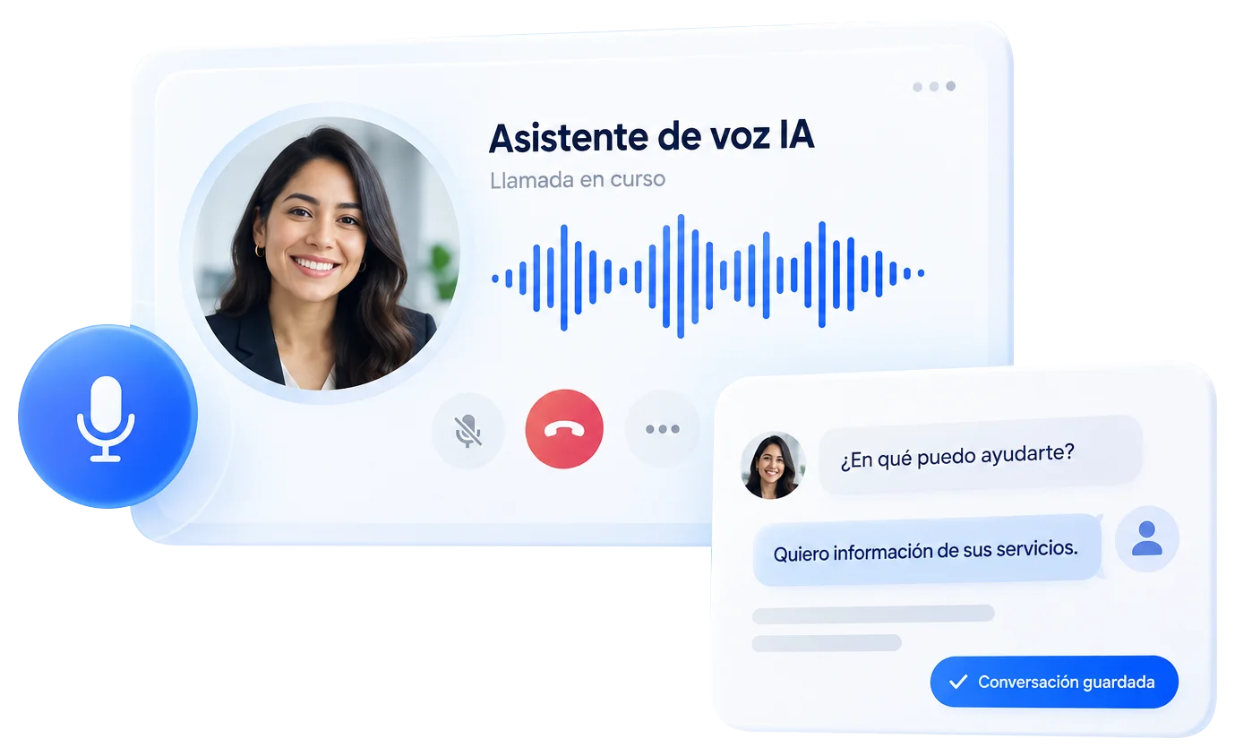 Ilustración de un asistente de voz durante una llamada, con onda de audio y transcripción vinculada al CRM.